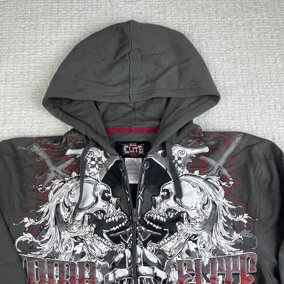 NWT MMA Elite Hoodie Gray Full Zip Up Small Y2K Goth Skull Punk Affliction Style - Picture 2 of 16